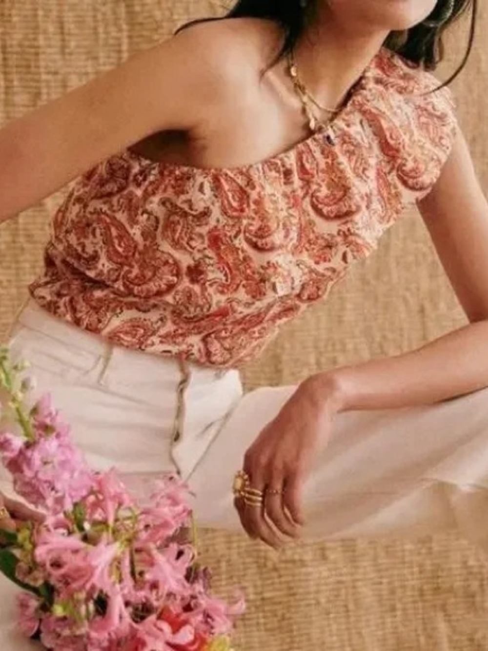 NWT SEZANE Adeline Ruffle One Shoulder Sleeveless Blouse in Paisley Riviera